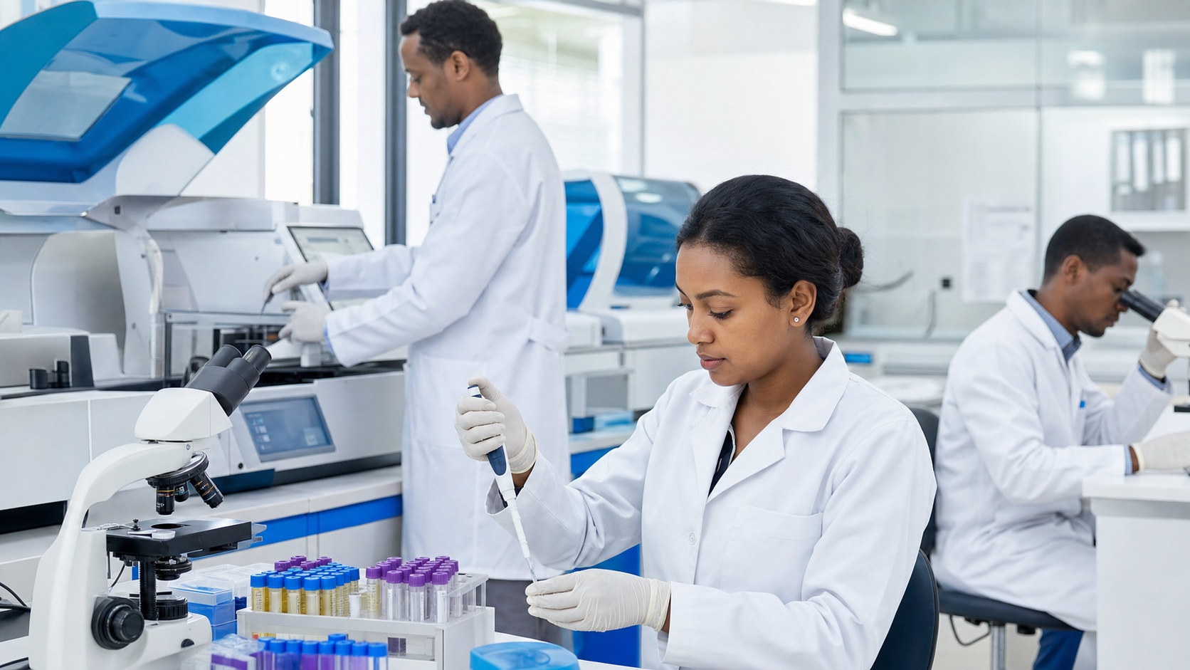Conceptual modern diagnostics laboratory with clinical testing equipment.